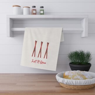 Let It Snow Ski Tea Towel — Holiday Skiing Cotton Kitchen Towel