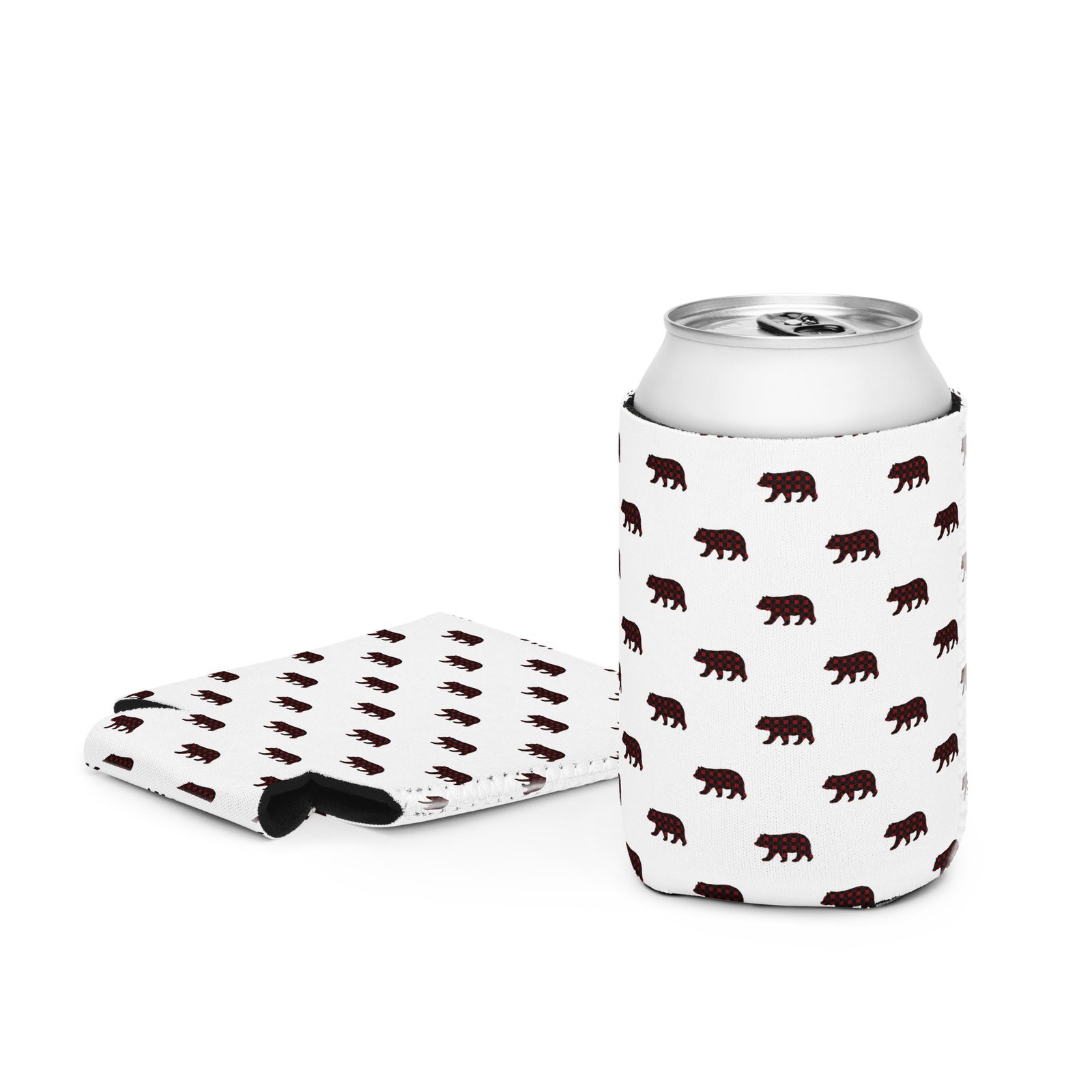 Buffalo Plaid Bears on White Can Cooler/Koozie - Image 2