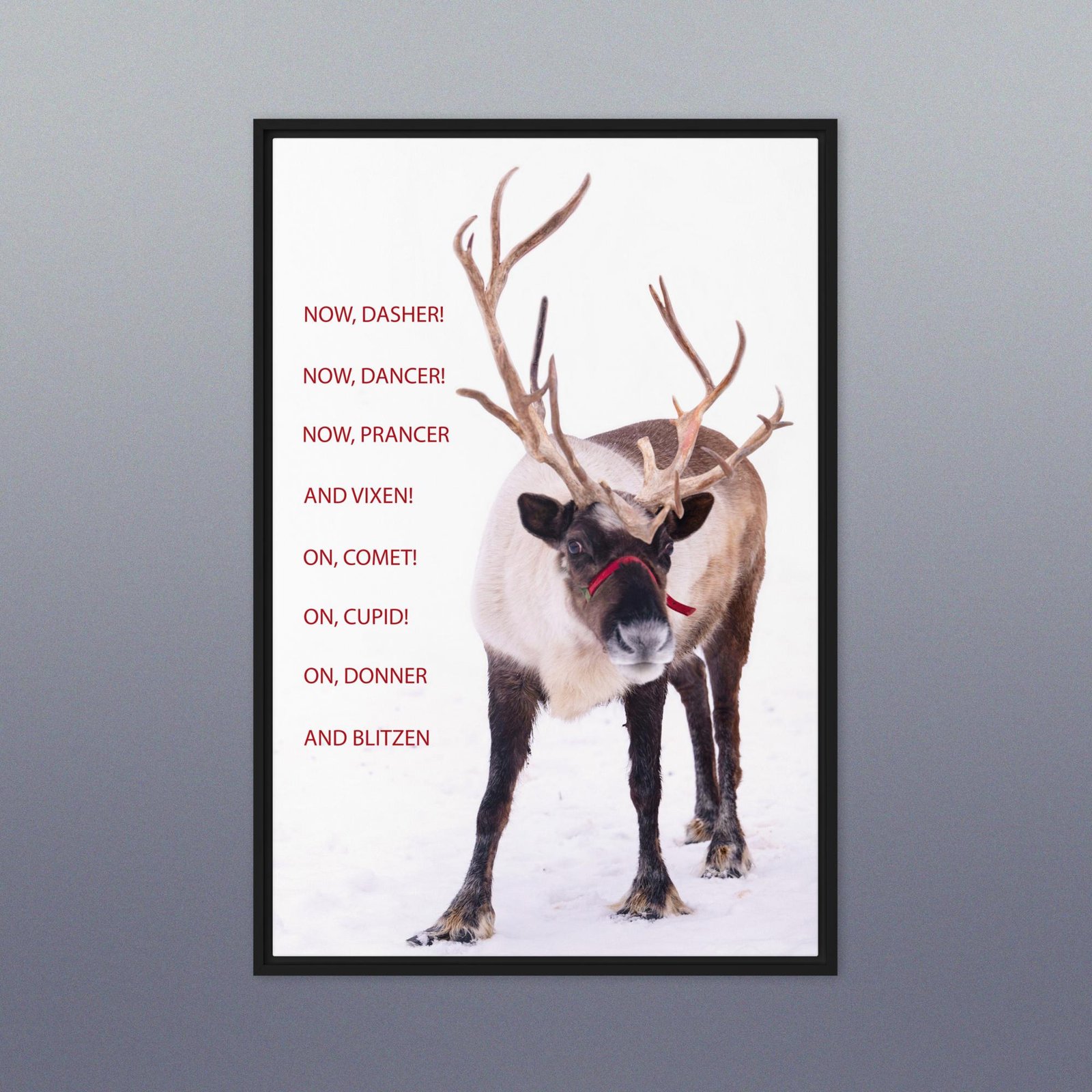Framed Reindeer Canvas, Now Dasher Now Dancer, Christmas Wall Art