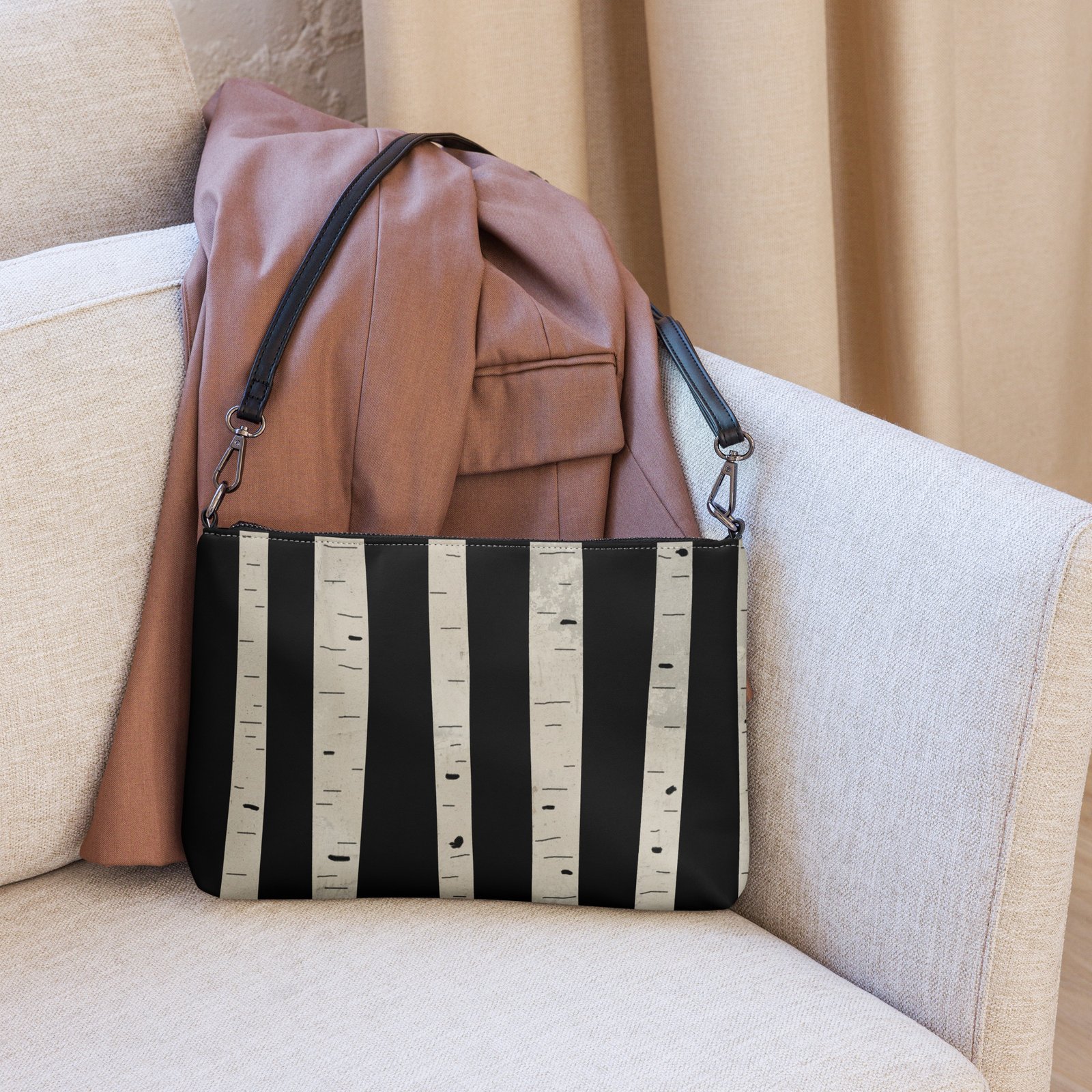 Whimsical Birch Trees on Black Premium Faux Leather Crossbody Bag - Image 5