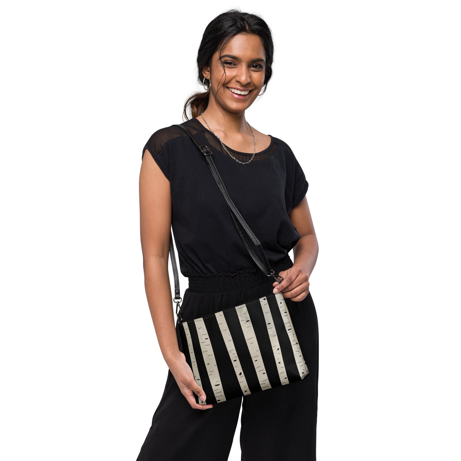 Whimsical Birch Trees on Black Premium Faux Leather Crossbody Bag - Image 6