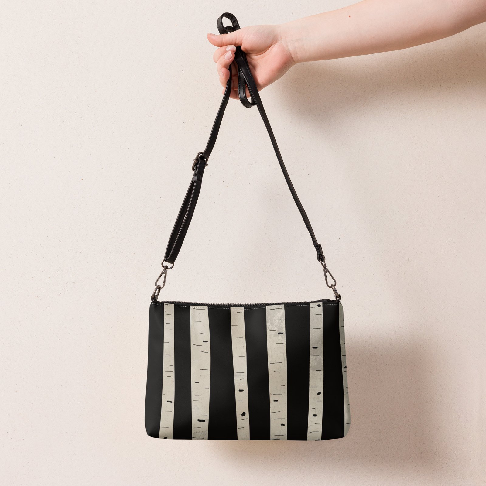 Whimsical Birch Trees on Black Premium Faux Leather Crossbody Bag - Image 7